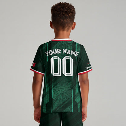 Custom Kids Mexico Soccer Jersey Green Aztec Calendar Design