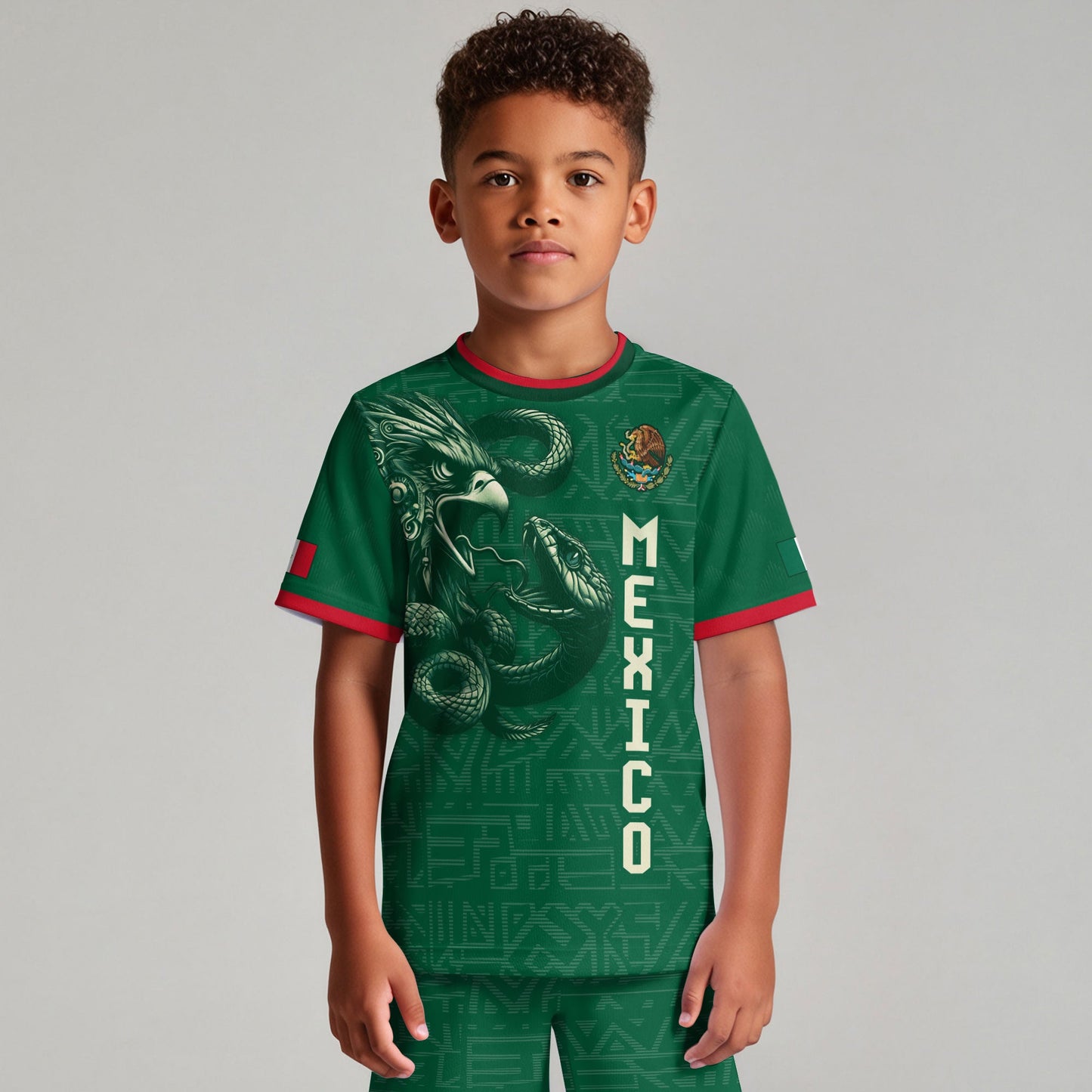 Mexico Kids Soccer Jersey Green Aztec Eagle Serpent Design