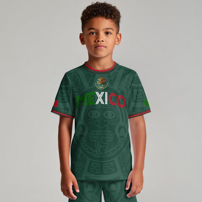 Mexico Kids Soccer Jersey Green Flag Colors Aztec Pattern Design