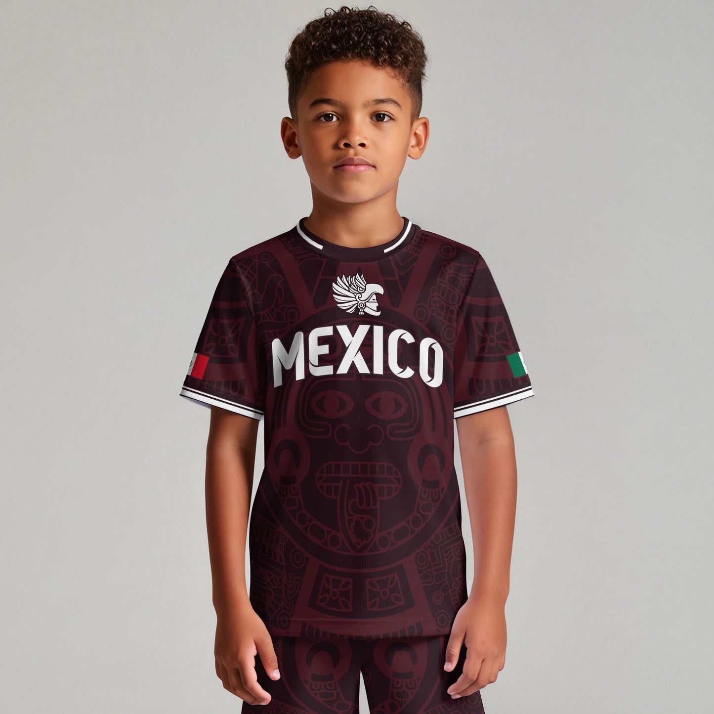 Mexico Kids Soccer Jersey Burgundy Aztec Pattern Crest Design
