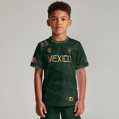 Mexico Kids Soccer Jersey Green Gold Aztec Pattern Crest Design