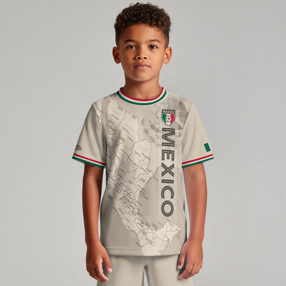 Mexico Kids Soccer Jersey Beige Map Aztec Design