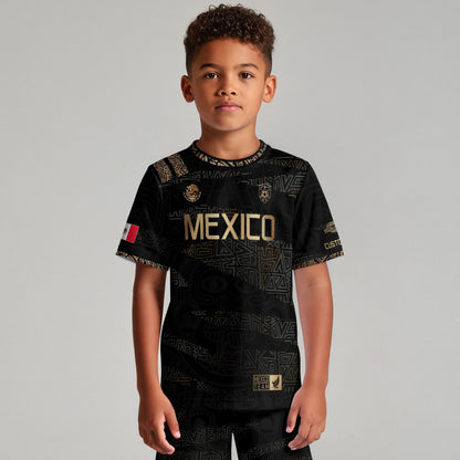Custom Mexico Kids Soccer Jersey Black Gold Team Edition with Aztec Pattern
