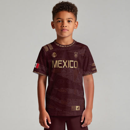 Custom Mexico Kids Soccer Jersey Burgundy Gold Team Edition with Aztec Pattern Design