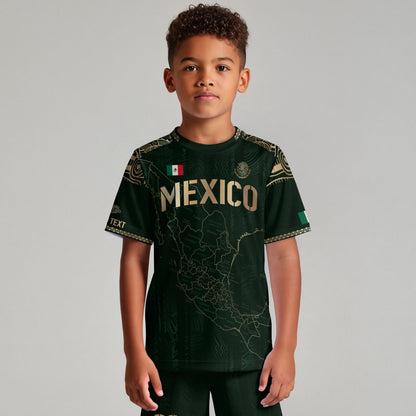 Custom Mexico Kids Soccer Jersey Green Gold Heritage Map Design