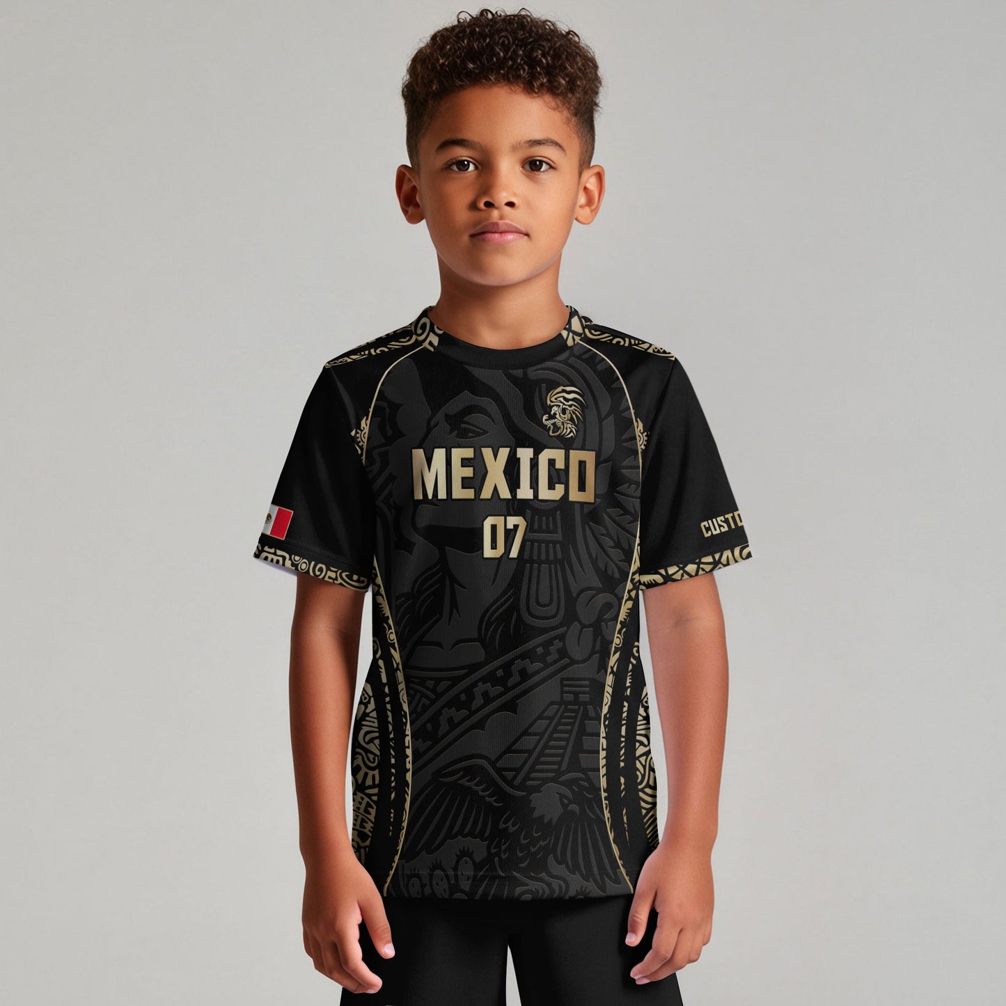 Custom Kids Mexico Soccer Jersey Black Gold Aztec Eagle Design