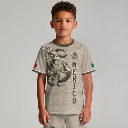 Mexico Kids Soccer Jersey Beige Brown Aztec Eagle Serpent Design