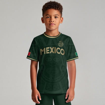 Mexico Kids Soccer Jersey Green Gold Aztec Calendar Design