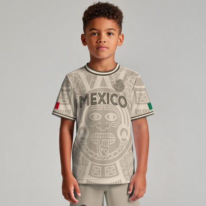 Mexico Kids Soccer Jersey Beige Gold Aztec Calendar Eagle Design