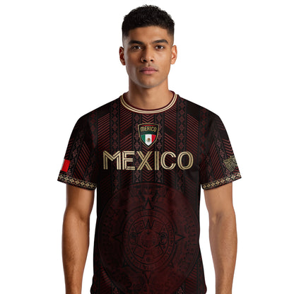 Mexico Burgundy Soccer Jersey with Golden Aztec Calendar and Eagle Crest