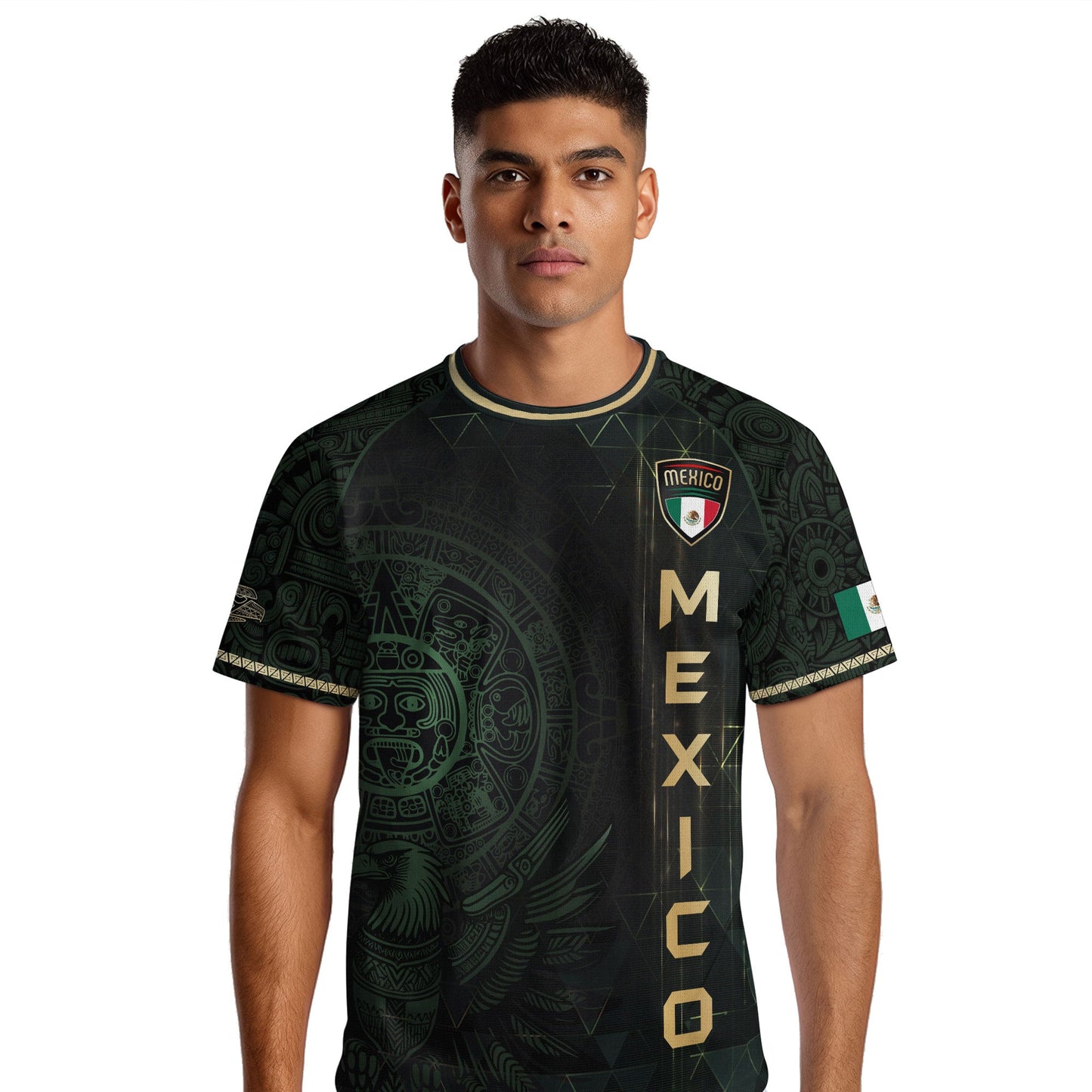 Mexico Soccer Jersey Dark Green Gold Aztec Calendar & Eagle Emblem