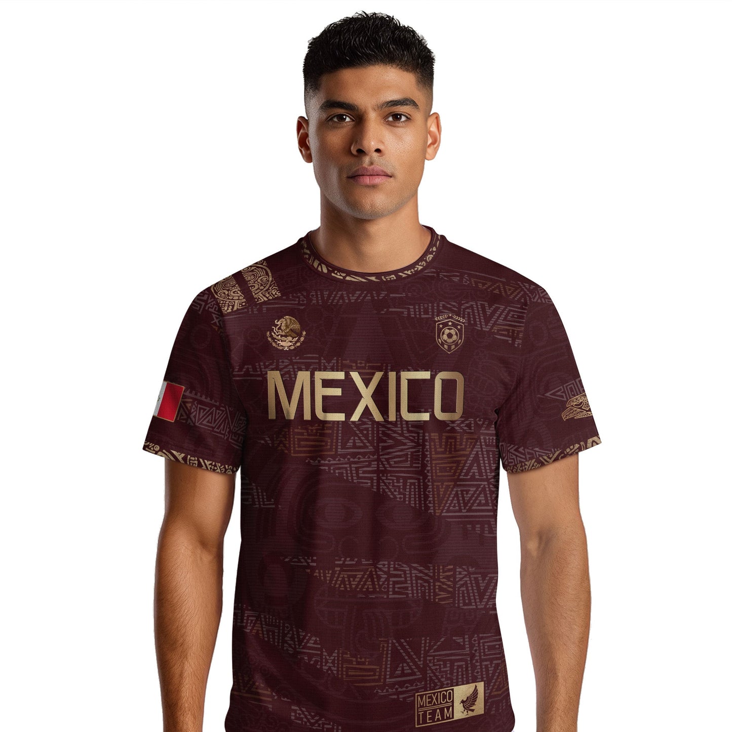 Mexico Soccer Jersey Burgundy Gold Aztec Heritage Eagle Crest (Bundle)