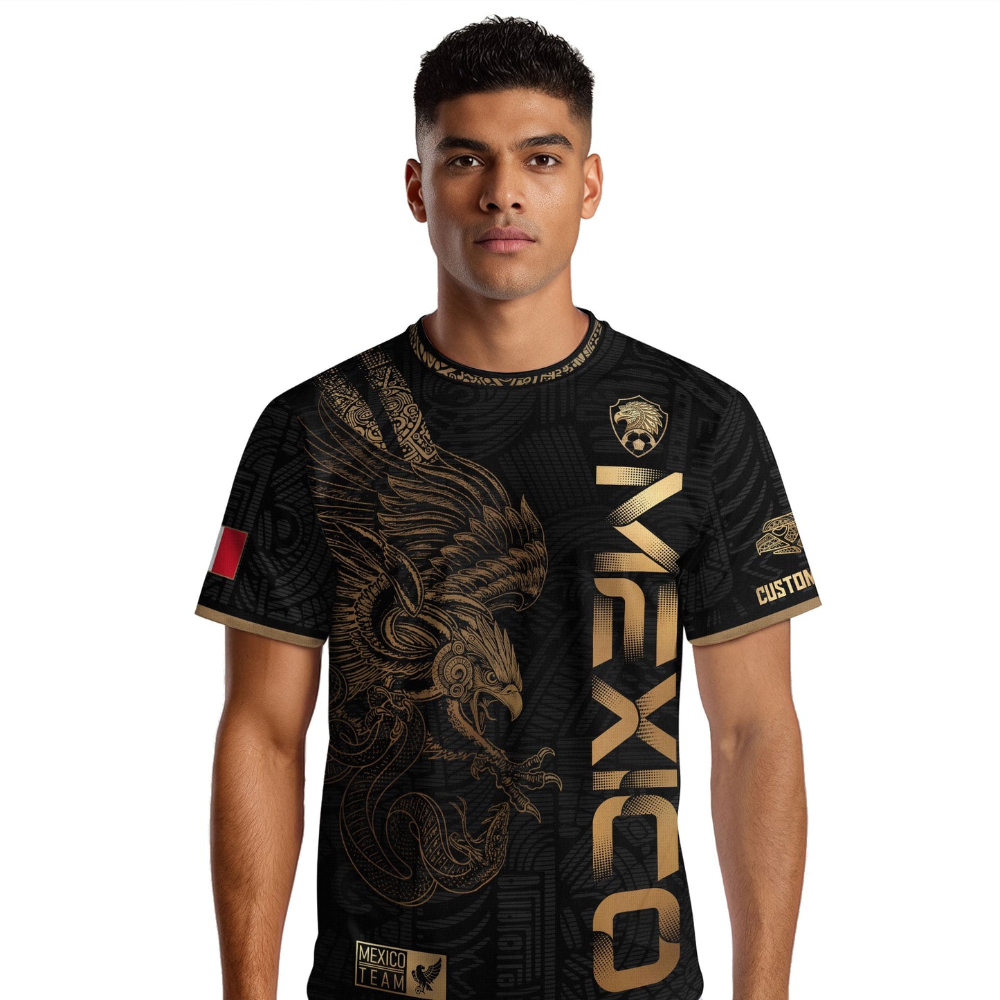 Custom Mexico Black Gold Soccer Jersey with Aztec Eagle Serpent Design
