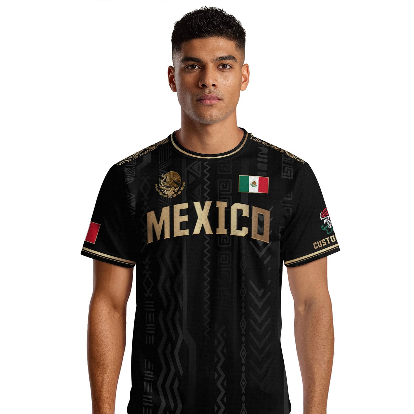 Custom Mexico Black Gold Aztec Pattern National Pride Soccer Jersey