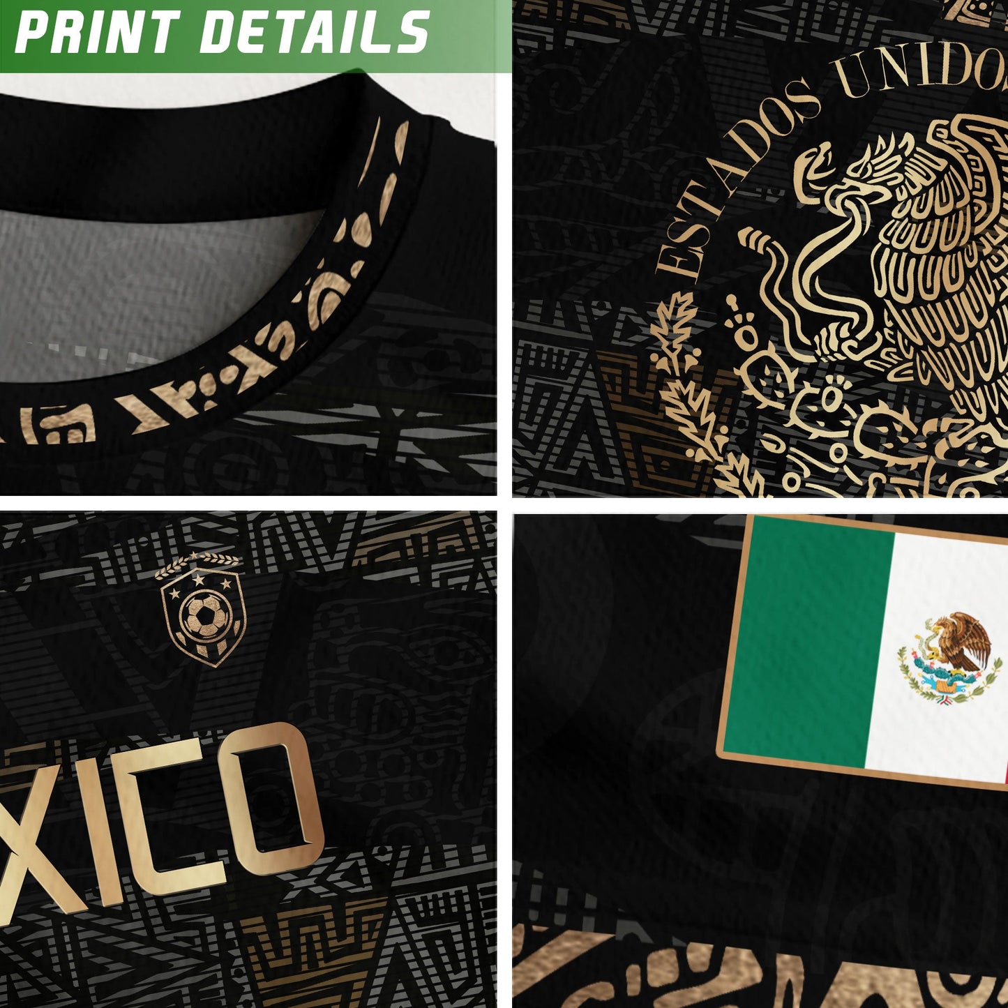 Mexico Aztec Heritage Soccer Jersey 3-Pack Bundle – Black Sunstone Map + Green Gold Eagle + Black Gold Eagle Crest