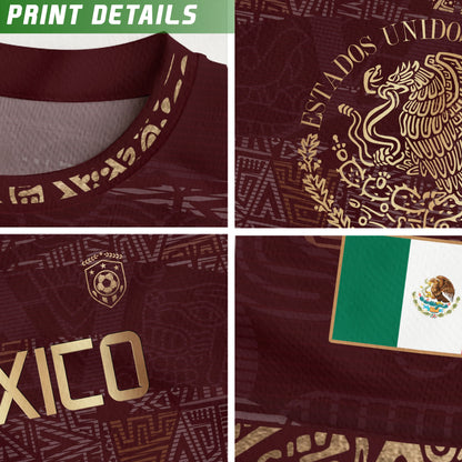 Mexico Soccer Jersey Burgundy Gold Aztec Heritage Eagle Crest (Bundle)