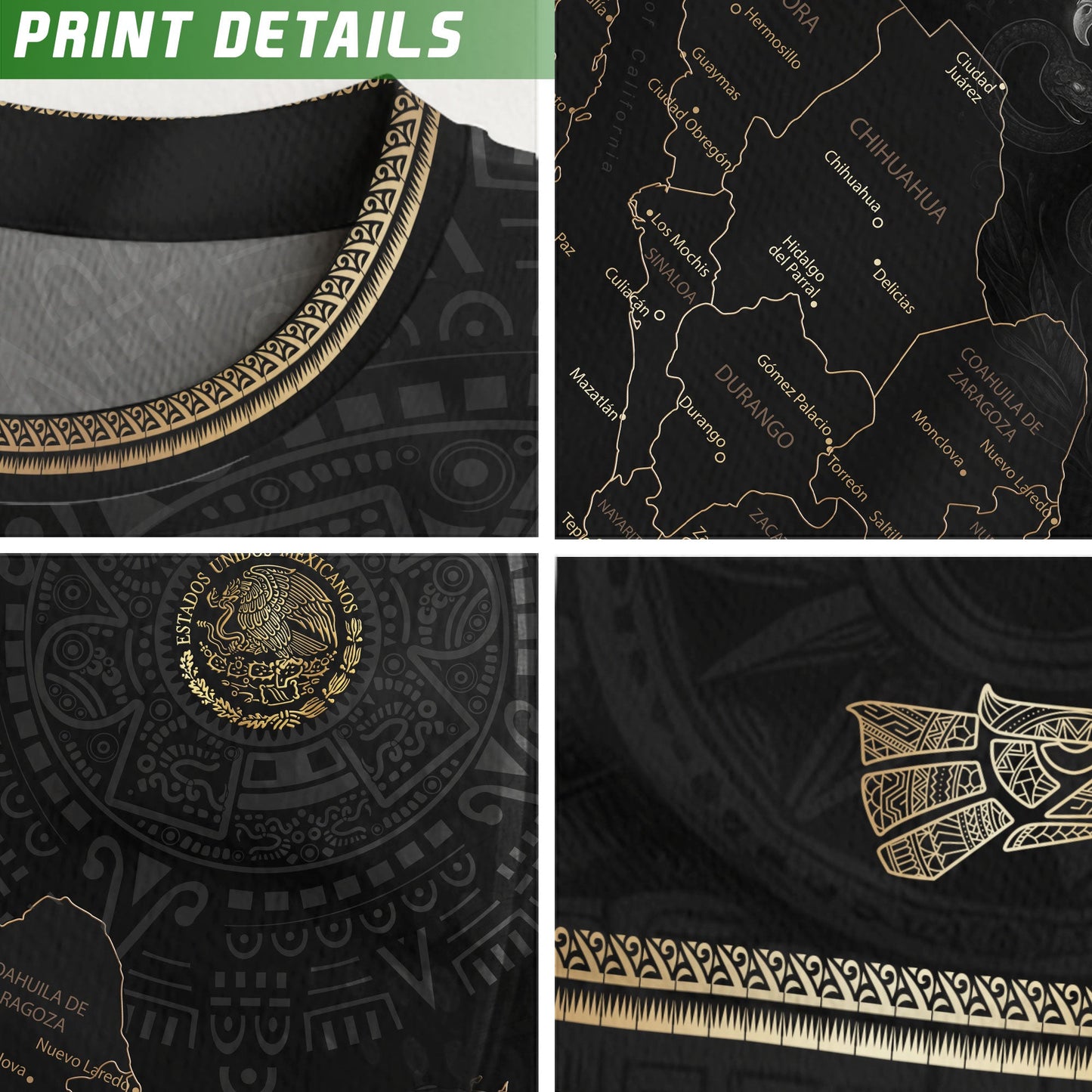 Mexico Kids Soccer Jersey Black Gold Map Aztec Pattern