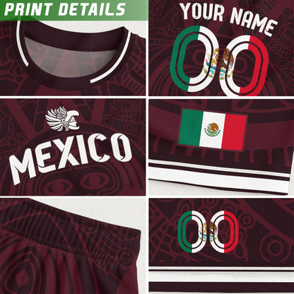 Custom Mexico Kids Soccer Jersey Burgundy Heritage Flag Aztec Pattern Design