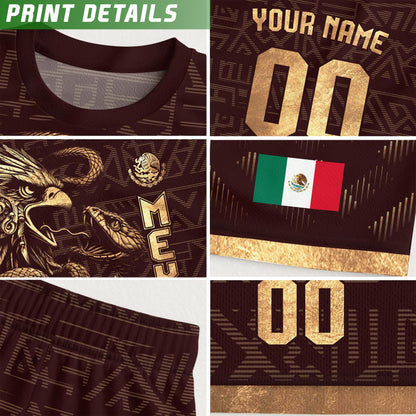 Custom Mexico Kids Soccer Jersey Burgundy Gold Aztec Eagle & Serpent Design