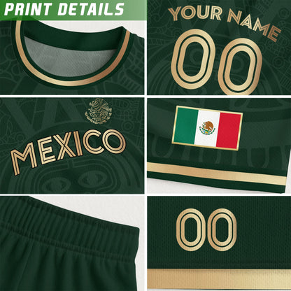 Custom Mexico Kids Soccer Jersey Green Gold Aztec Calendar Heritage Design