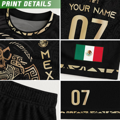 Custom Kid Mexico Aztec Warrior Heritage Black Gold Soccer Jersey